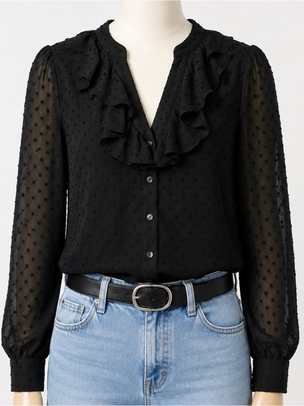 NWT J. Crew Black Clip-Dot Ruffle Blouse - Size S 🖤 Sheer Sleeves